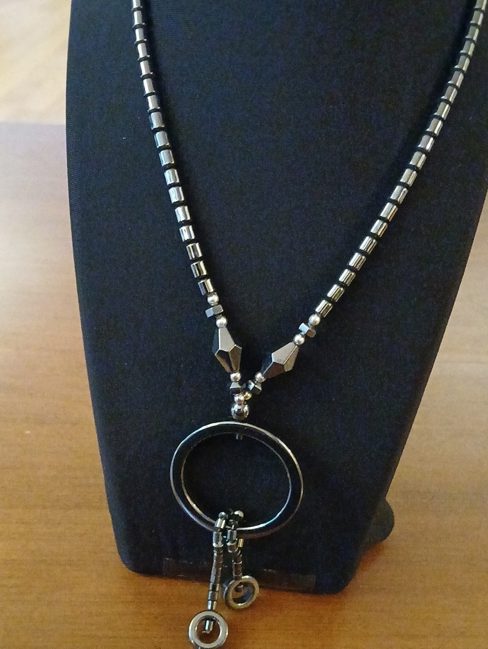 Hematite Beaded Circle Ring Pendant Necklace -16" Chain